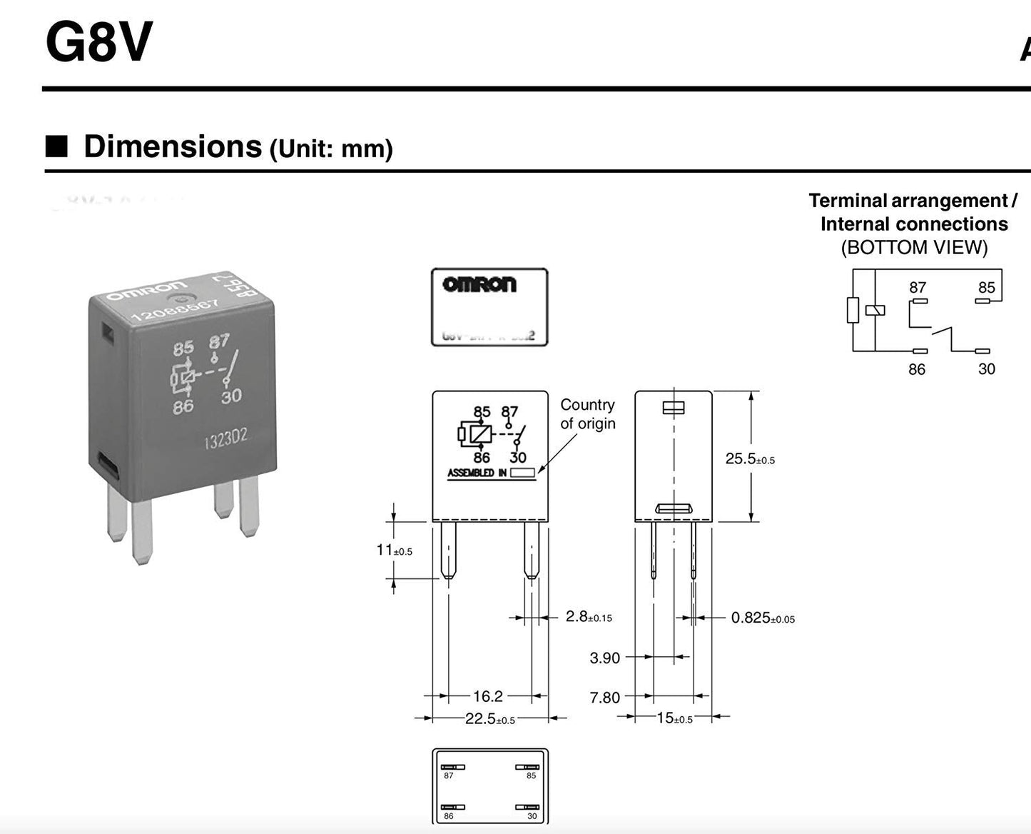 Omron G8V-1A7T-R-DC12 (2-Pack) Electromechanical Relay SPST-NO 1A 12VDC 72Ohm/104Ohm Plug-In