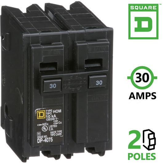 Square D 30 Amp Circuit Breaker, Homeline HOM230, 2 Pole, Plug In 30A, 120/240VAC