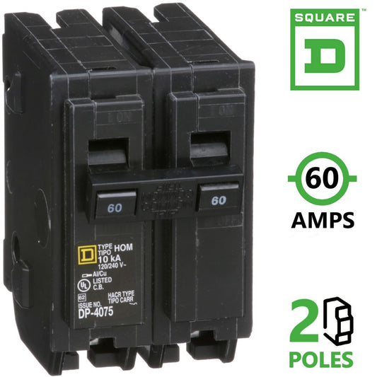 Square D 60 Amp Circuit Breaker HOM260 Homeline 2 Pole Plug In 60A, 120/240V, AC, Single Phase