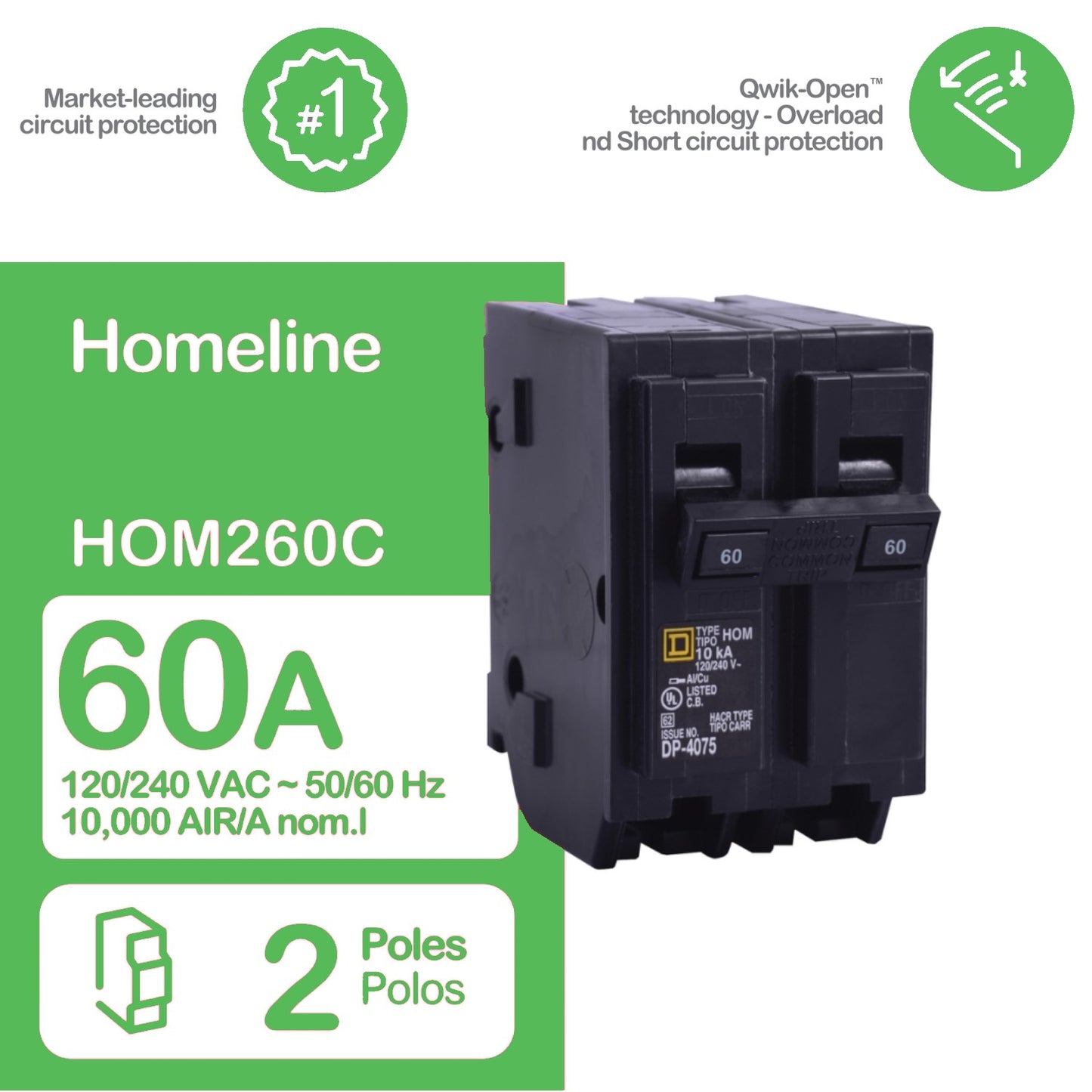 Square D 60 Amp Circuit Breaker HOM260 Homeline 2 Pole Plug In 60A, 120/240V, AC, Single Phase