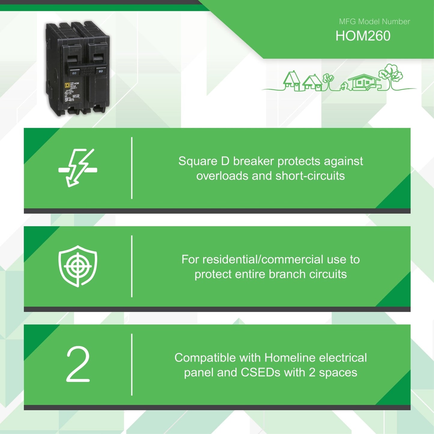 Square D 60 Amp Circuit Breaker HOM260 Homeline 2 Pole Plug In 60A, 120/240V, AC, Single Phase