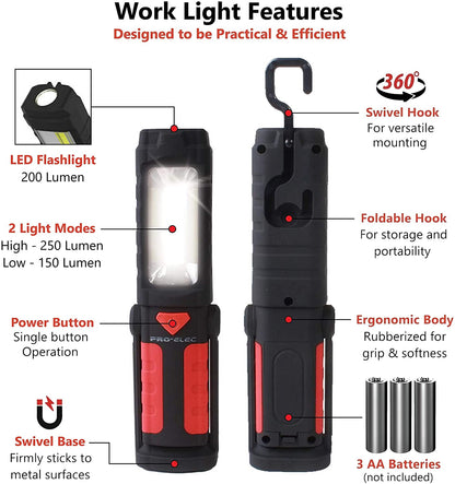 PRO-ELEC Portable LED Work Light, Pivot COB Magnetic Flashlight with 180° Swivel Magnet Base & 360° Hanging Hook, 250LM Super Bright Mechanic Car Emergency Flash Light, Battery Operated