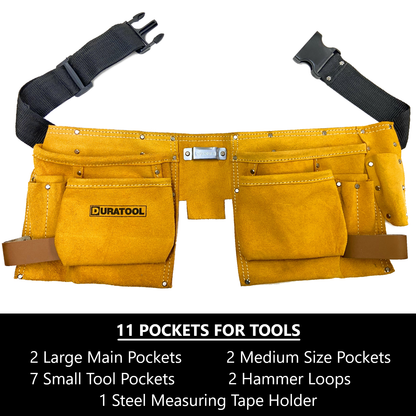 DURATOOL Leather Tool Belt Work Apron with 11 Pockets, 2 Pouches, 2 Hammer Loops - For Contractors, Plumbers, Carpenter Heavy Duty Tool Belts for Men