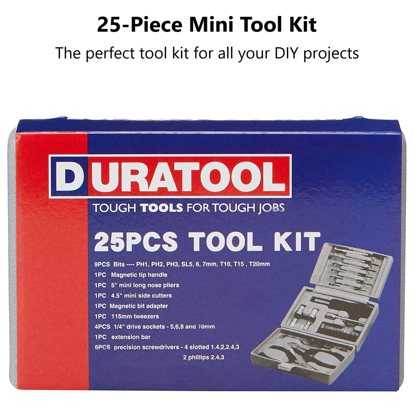 DURATOOL 25-Piece Mini Tool Kit Set for Home, Office, Dorm, and Basic Repairs - Portable Small Tool Kit with Case for Travel